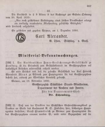 109. Ministerial-Bekanntmachung, die Hauptagentur der Sächsischen Viehversicherungs-Bank zu Dresden betreffend