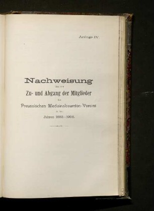 Nachweisung über den Zu- und Abgang der Mitglieder des Preussischen Medizinalbeamten-Vereins in den Jahren 1883-1908.
