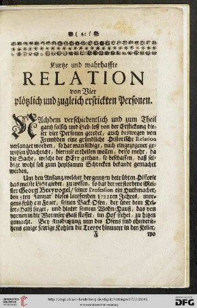 Kurtze und wahrhaffte Relation von Vier plötzlich und zugleich erstickten Personen
