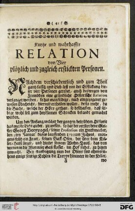 Kurtze und wahrhaffte Relation von Vier plötzlich und zugleich erstickten Personen