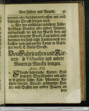 Von Fuhrleuthen und Kärnern, so Victualien und andere Waaren zu Marckte bringen. Artic. VII
