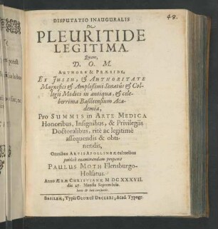 Disputa Inauguralis De Pleuritide Legitima