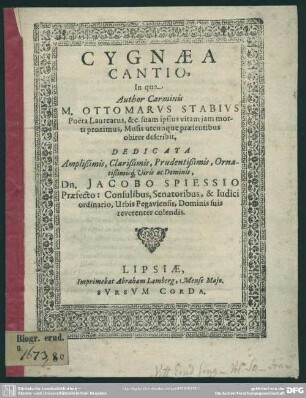 Cygnaea cantio, in qua author carminis suam ipsius vitam jam morti proximus describit