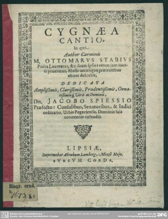 Cygnaea cantio, in qua author carminis suam ipsius vitam jam morti proximus describit
