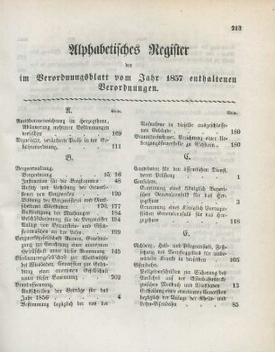 Alphabetisches Register der im Verordnungsblatt vom Jahr 1857 enthaltenen Verordnungen