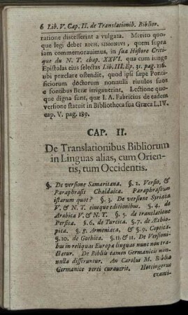 Cap. II. De Translationibus Bibliorum in Linguas alias, cum Orientis, tum Occidentis