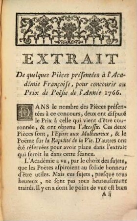 Extrait De Quelques Pieces Présentées A L'Academie Françoise : Pour concourir au Prix de Poësie de l'Année 1766