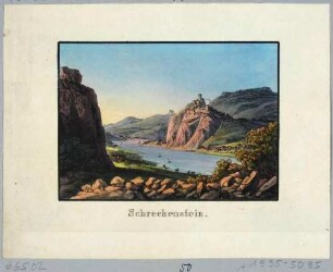 Das Elbtal bei Aussig in Böhmen (Ústí nad Labem in Tschechien) nach Norden mit der Burg Schreckenstein (heute Burgruine Střekov), aus Andenken an die Sächsische Schweiz von C. A. Richter 1820