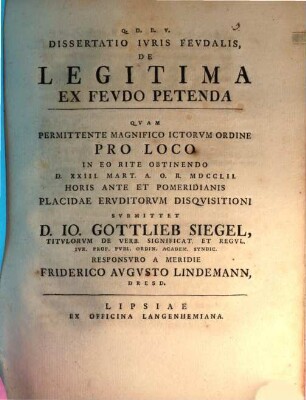 Dissertatio Ivris Fevdalis De Legitima Ex Fevdo Petenda