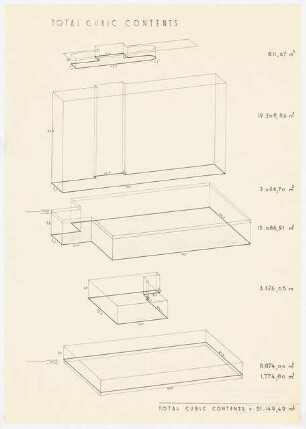 New Central National Bank of Iraq, Bagdad: Total Cubic Contents, Axonometrie 1:500, (von Inv.nr. 39326)