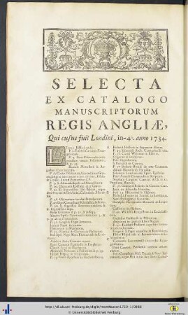 Selecta Ex Catalogo Manuscriptorum Regis Angliae …