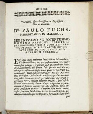 Praenobili [...] Paulo Fuchs, Hereditario in Malchou [...]
