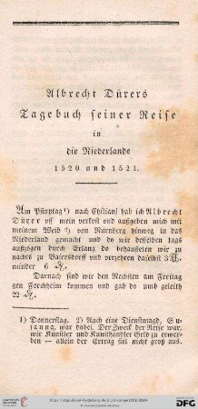 [VI.] Albrecht Dürers Tagebuch seiner Reise in die Niederlande 1520 und 1521