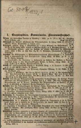 Vierteljahrs-Katalog aller neuen Erscheinungen im Felde der Literatur in Deutschland : nach den Wissenschaften geordnet ; mit alphabetischem Register, 1852,1