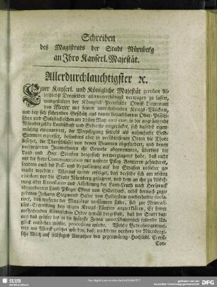 Schreiben des Magistrats der Stadt Nürnberg an Ihro Kayserl. Majestät