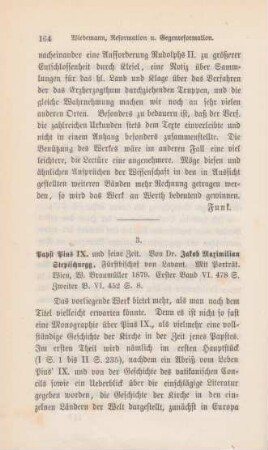 164-167 [Rezension] Stepischnegg, Jakob Maximilian, Papst Pius IX. und seine Zeit