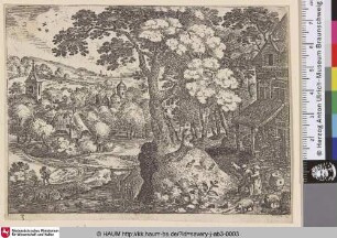 [Rechts ein Gasthaus, links ein Weg und ein Dorf; Inn to right of road before village]