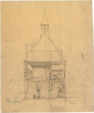 Hildebrand, Adolf von; Worms, Hagenstr. - Neumarkt; Siegfriedbrunnen und Bibliotheksbau - Bibliotheksbau (Perspektivischer Schnitt)