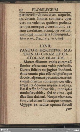 LXVII. Pastor Hortetur Matres Ad Curam Et Custodiam Filiarum