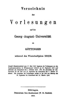 WS 1918/19: Verzeichnis der Vorlesungen