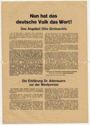 Flugschrift zu Adenauers Ablehnung des Vorschlags von Grotewohl über innerdeutsche Gespräche für Gesamtdeutschen Konstituierenden Rat, mit Wortlaut der Schreiben und Stellungnahme des Innenministeriums der DDR
