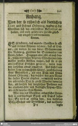 Anhang, Von der so rühmlich als dienlichen Diaet und Lebens-Ordnung, ...