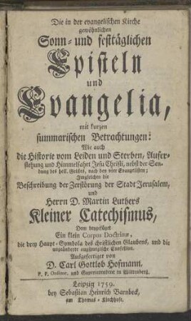 Die in der evangelischen Kirche gewöhnlichen Episteln und Evangelia, mit kurzen summarischen Betrachtungen [...]