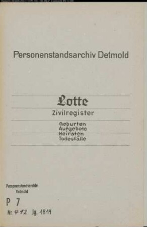 Zivilstandsregister der Munizipalität Lotte (GAHT 1814). (Gemeinde: Lotte, Kreis Tecklenburg)