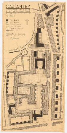 Gesamtbebauungsplan, Gaziantep Verwaltungsbezirk C: Platz der Republik, Regierungspräsidium, Rathaus: Erste Fassung: Lageplan 1:500, Maßstabsleiste