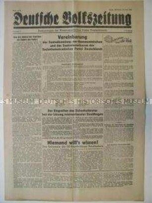 Tageszeitung der KPD "Deutsche Volkszeitung" zur Verhaftung von Krupp und zur Siegesparade der Roten Armee in Moskau