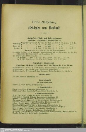 Dritte Abtheilung. Behördenverzeichnis : Dritte Abtheilung. Behörden von Neustadt