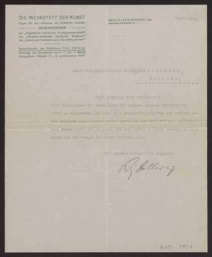 Schreiben an Hermann Muthesius (Brief)