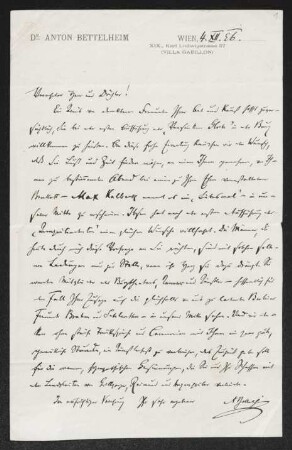 Brief von Anton Bettelheim an Gerhart Hauptmann