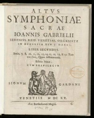 Giovanni Gabrieli: Symphoniae sacrae ... Liber secundus. Altus