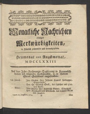 Heumonat und Augstmonat, MDCCLXXIII