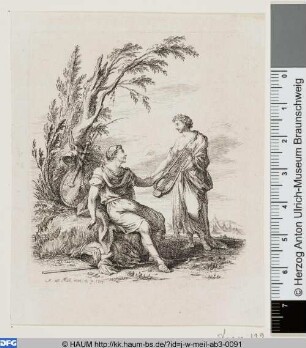 Die Dichtkunst überreicht einem römischen Krieger eine Leier