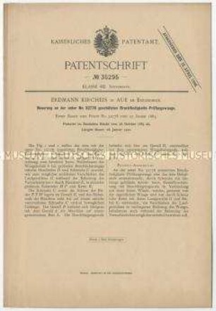 Patentschrift einer Neuerung an der unter Nr. 32778 geschützten Bruchfestigkeits-Prüfungswaage, Patent-Nr. 35295