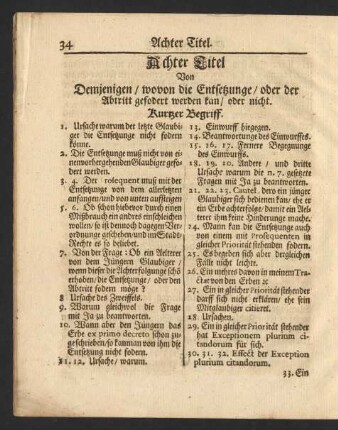 Achter Titel Von Demjenigen/ wovon die Entsetzunge/ oder der Abtritt gefodert werden kan/ oder nicht.