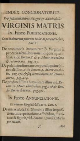 Index Concionatorius Pro solemnitatibus Magnae & Admirabilis Virginis Matris