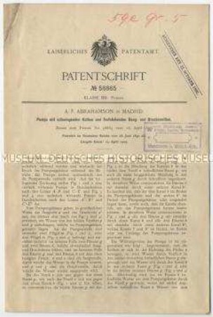 Patentschrift einer Pumpe mit schwingenden Kolben und feststehenden Saug- und Druckventilen, Patent-Nr. 58865