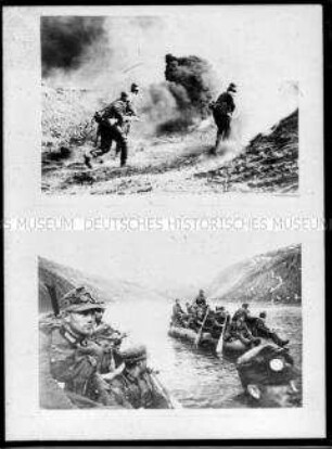 Soldaten bei Kampfhandlungen (oben); Soldaten in zwei Schlauchbooten (unten), 2. Weltkrieg