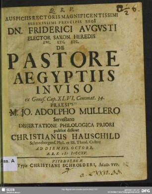 De Pastore Aegyptiis In Viso ex Genes. Cap. XLVI, Commat. 34. : ... Ad Diem XVI. Octobr. A.R.S. M DCCXV.