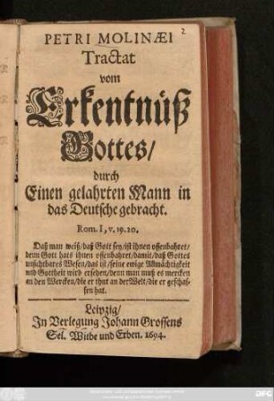 Petri Molinaei Tractat vom Erkentnüß Gottes