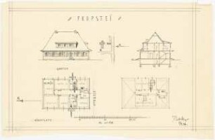Propstei: Gartenansicht, Grundrisse, EG, DG, Schnitt 1:150, Lageplan