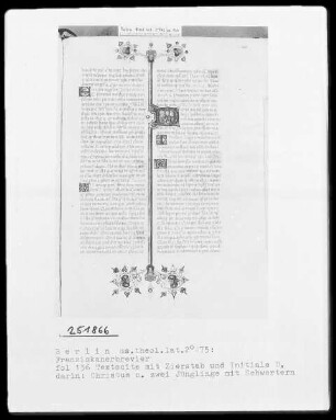 Franziskanisches Brevier — Initiale D, darin Christus und zwei Jünglinge mit Schwertern, Folio 136recto