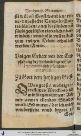 Gebett vor der Empfahung deß hochwürdigen Sacraments nutzlich zusprechen