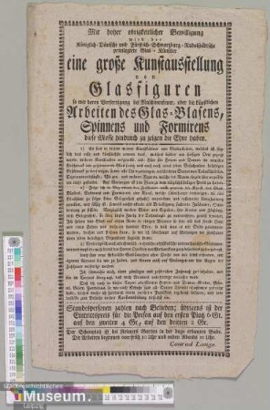 Eine große Kunstausstellung von Glasfiguren so wie deren Verfertigung bei Maschinenfeuer, oder die künstlichen Arbeiten des Glas-Blasens, Spinnens und Formirens