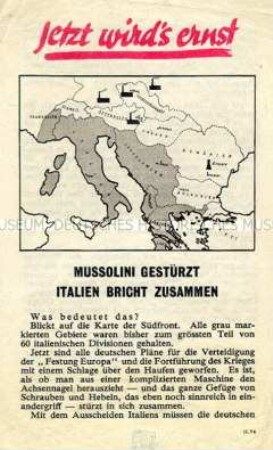 Abwurf-Flugblatt der Alliierten zu den Folgen des Sturzes von Mussolini