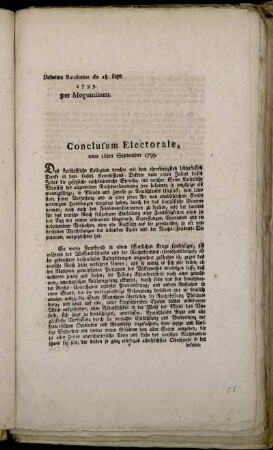Conclusum Electorale, vom 16ten September 1799 : Dictatum Ratisbonae die 18. Sept. 1799. per Moguntinum
