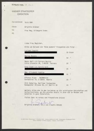 Brief an Hildegard Siehs, 18.09.1991